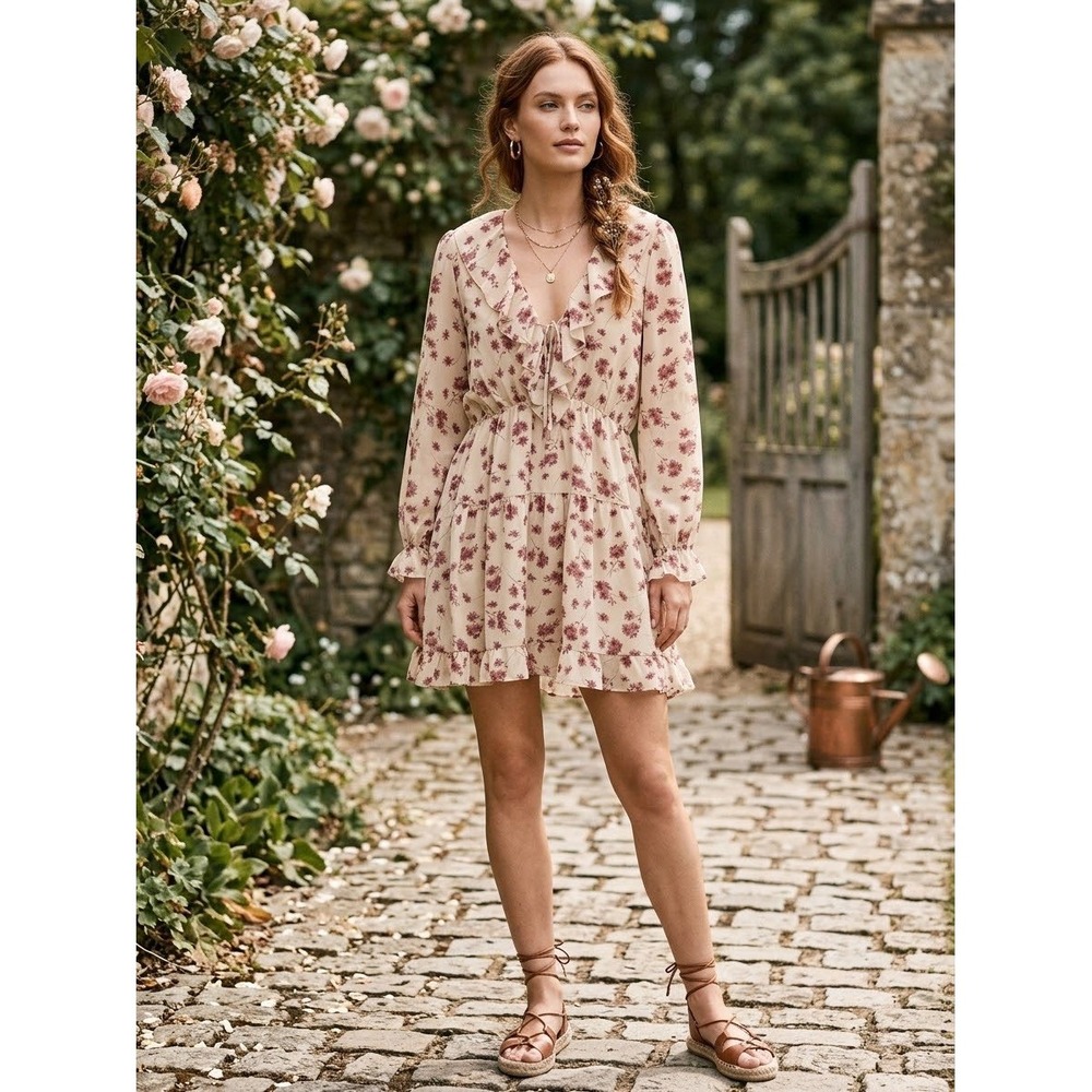 Baltic Born XL Floral Ruffle V-Neck Tiered Mini Dress Pink Beige Polyester